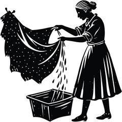 Woman Silhouette Dips Polka Dot Fabric in Water for Laundry Day on White Background