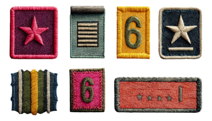Colorful Embroidered Badges and Patches on Transparent Background