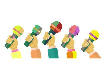 Many hands holding colorful microphones for a press conference or interview. Isolated on transparent background .vector icon