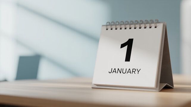 Ultra-minimalist desktop calendar showing ‘1 January’ in bold black typography on crisp white paper, spiral-bound, on light gray desk, evoking New Year celebration, countdown, productivity, modern.