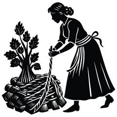 Woman Farmer Silhouette Tending Crops in Field Black and White Illustration on White Background