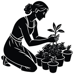 Gardening Woman Silhouette Planting Seedlings in Pots, a Home Garden Concept on White Background