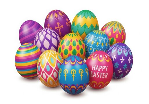 Vibrant assortment of decorated easter eggs with intricate patterns and bright colors arranged in a festive cluster