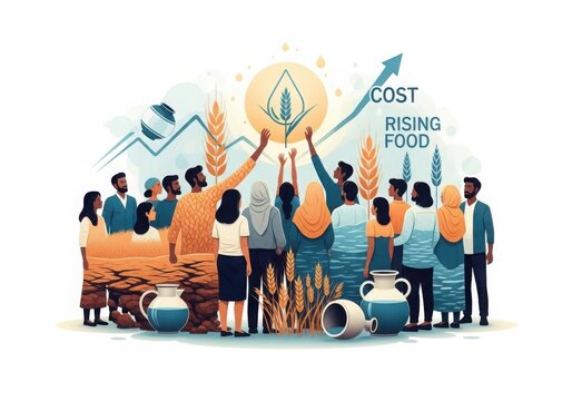Diverse group of people raising hands towards a glowing symbol of agriculture amidst rising food costs and economic charts illustrating global food insecurity