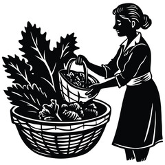 Harvest Time Silhouette A Woman Gathering Fresh Vegetables in a Basket on White Background