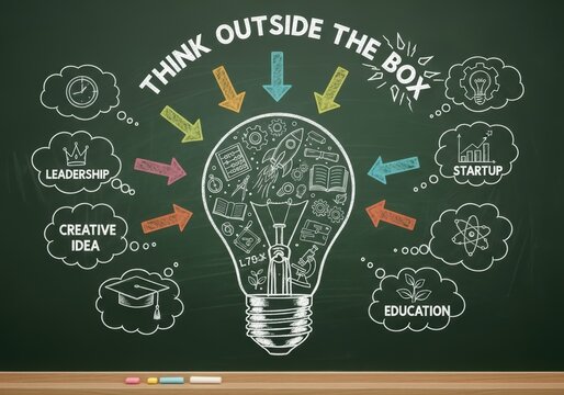 think outside the box on school green blackboard . startup education concept. creative idea. leadership.