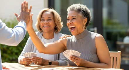 senior lifestyle concept Two smiling women playing cards and giving a high five while sitting at a table outdoors