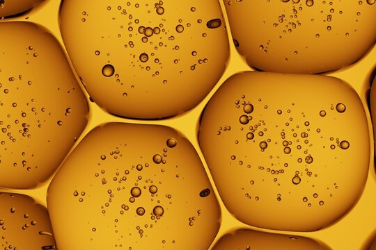 Rich golden liquid droplets containing shimmering microbubbles, suited for luxury branding, premium skincare campaigns, and abstract motion backgrounds