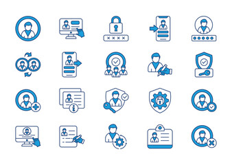 User account thin blue icon set. Containing user, account, password, login, username, connect, logout, users, edit profil, authentication. Vector illustration
