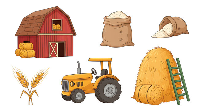 Farm and harvest elements illustration Tractor barn haystack grain sack and wheat farm themed elements