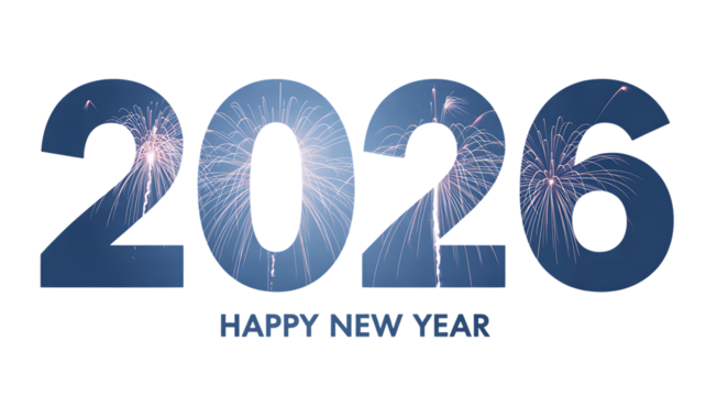 Happy new year 2026 with sparkling blue fireworks and festive lights on black background