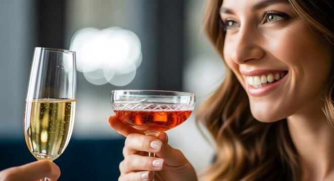 Smiling woman holding a glass of champagne, celebrating a special occasion with a toast