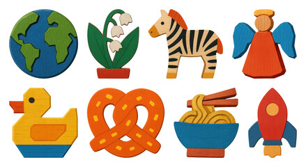 Obraz premium PNG Colorful wooden toy shapes, element set on transparent background