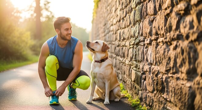 Man tying shoelaces while his dog waits patiently next to a stone wall during a sunny outdoor run - Powered by Adobe