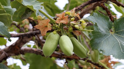 Obraz premium Kigelia Africana: Tree Branch Showcasing Ripening Sausage Fruits Amidst Lush Green Leaves