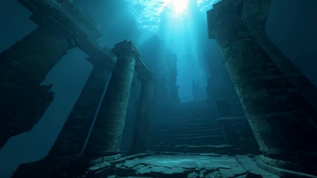 Sunlit Ancient Underwater Ruins with Tall Stone Columns and Rays of Light Penetrating Deep Blue Water