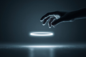 Hand Reaching Toward Floating NFC Ring on Dark Surface