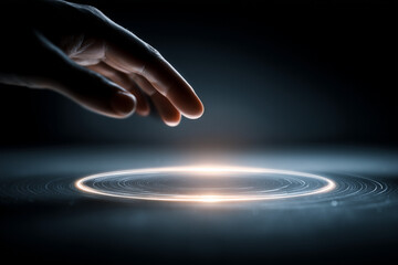 Hand Hovering Over Illuminated NFC Disc on Ground with Warm Light.