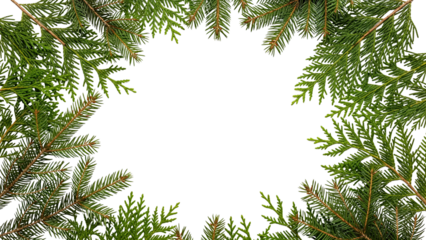 Lush Evergreen Conifer Branches Frame on Black Background for Winter Holiday Season