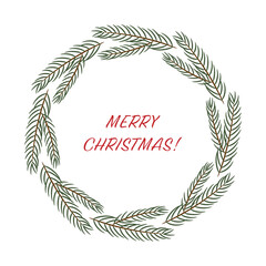 Circle Christmas wreath, border or frame of fir tree. Flat vector illustration on a white background. Merry Christmas!