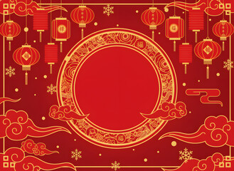 chinese new year display platform with traditional red and gold elements