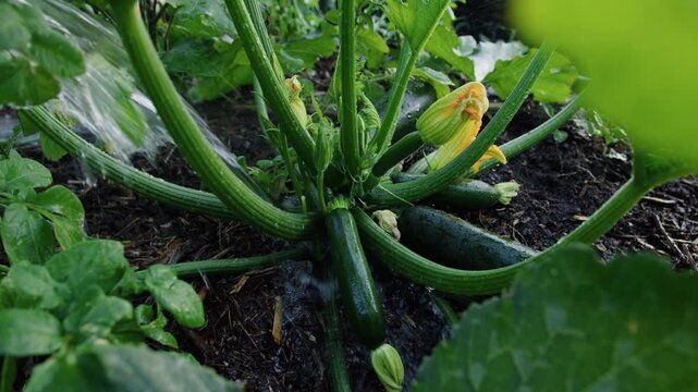 Growing healthy zucchini plants in a courgette plantation garden
