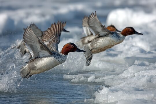 Canvasback Ducks Gracefully Gliding in Flight, Preparing to Land on Serene Waters