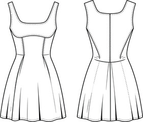 Women's Strappy Square Neck Mini Dress Fashion Flat Sketch CAD Vector Template with Panel Bodice Technical Drawing for Design
