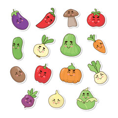 Cute Kawaii Vegetable Sticker with Friendly Faces Illustration Collection 