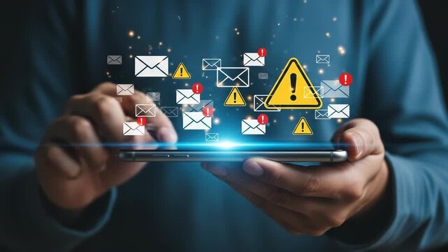 Smartphone User Receiving Multiple Email Notifications and Warning Alerts