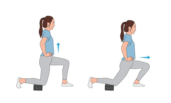 Correct Iliopsoas Hip Flexor Stretch Exercise Diagram. Woman Performing Lunge Position with Block for Better Posture and Lower Back Pain Relief.