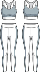 Two-tone athletic activewear set fashion flat technical sketch vector illustration drawing with racerback sports bra and striped leggings.