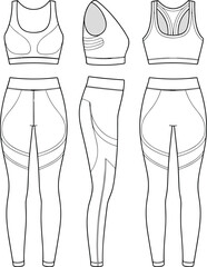 Athletic set fashion flat technical sketch vector illustration drawing with racerback sports bra and leggings with ergonomic seams.