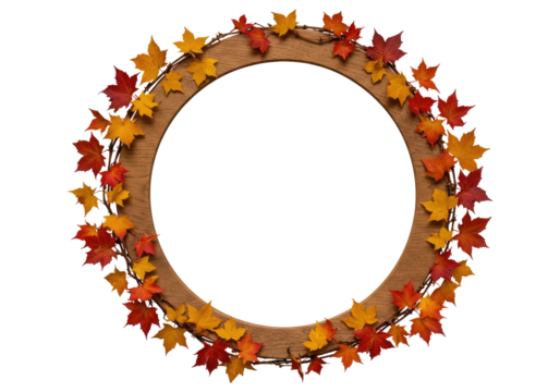 Wooden Round Frame Adorned With Colorful Maple Leaves Isolated on Transparent PNG Background.