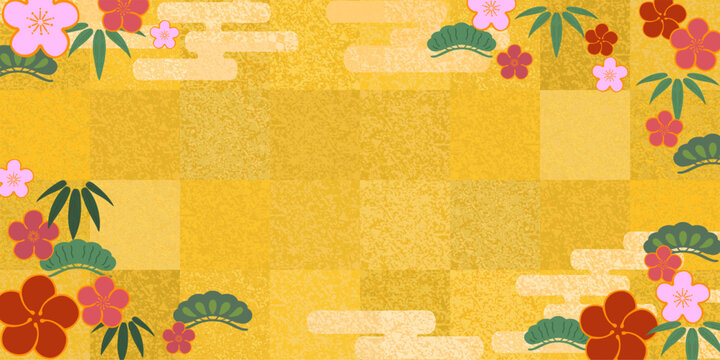 金のタイルと松竹梅の背景素材