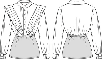 Ruffled yoke blouse fashion flat technical sketch vector illustration drawing with stand collar, long sleeves, and elastic shirred hem.