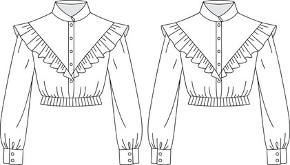 Cropped ruffled V-yoke blouse fashion flat technical sketch vector illustration drawing with stand collar, long sleeves, and cuffs.
