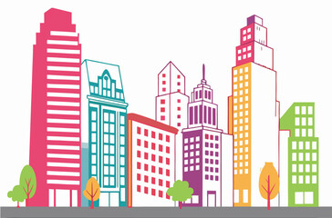 Colorful city skyline with trees and gray ground