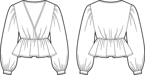 Wrap front peplum blouse fashion flat technical sketch vector illustration drawing with V-neck, long voluminous balloon sleeves.