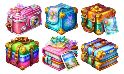 Colorful Vintage Luggage and Camera Designs with Flower Accents and Artistic Flair