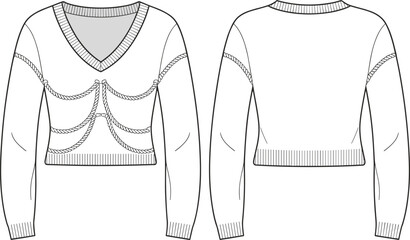 Cropped chain embellished V-neck sweater fashion flat technical sketch vector illustration drawing with long sleeves and ribbed trims.
