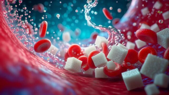 Sugar Cubes and Red Blood Cells Circulating in the Bloodstream: Diabetes and Hyperglycemia Concept