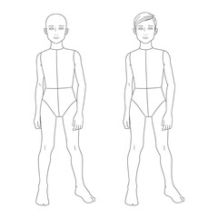 children's fashion design template featuring boy body croquis in front view. Clean line art illustration perfect for kids clothing designers, children's fashion sketching,