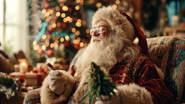 Smiling Santa Claus with Cannabis Blunt and Bud: Festive Christmas for Legal Grow Shops