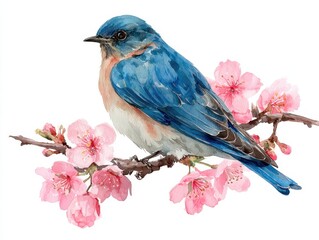 Hand-Painted Bluebird Nestled Among Pink Cherry Blossoms, Isolated Illustration for Spring Garden Design
