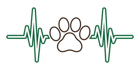 Heartbeat ekg line with a paw print in the center concept Vector, illustration
