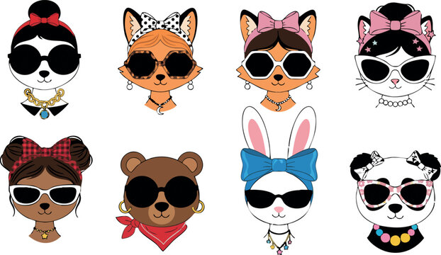 Cute animal faces with sunglasses and trendy accessories in stylish vector design for fun and playful fashion illustrations