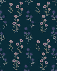 Seamless Soft Botanical Wildflower Pattern on Deep Teal Background.