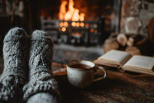 Woman in woollen socks by the fireplace. Unrecognisable relaxes by warm fire with a cup of hot drink and interesting book, warming up her feet. Cozy atmosphere. Winter and Christmas holidays concept.