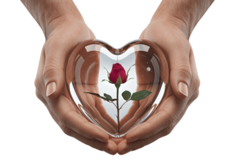 Hands holding a heartshaped glass with a red rose inside isolated on transparent background